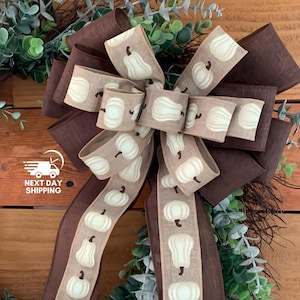 Brown Linen Fall Wreath Bow, Painted Pumpkin Design