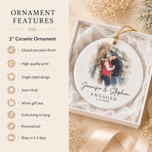 Personalized engagement ornament gift for newly engaged couples, proposal memories, bridal shower gifting, and sentimental keepsakes.