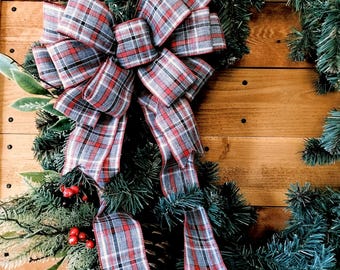 Christmas Wreath with Plaid Bow, Holiday Pine Wreath