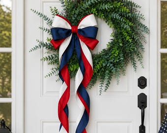 Patriotic Wreath Bow, 4th of July Door Decor, Red White Blue Premade Summer Bow for Wreath with Long Streamers - BOW ONLY