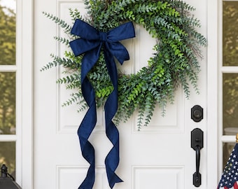 Patriotic Navy Blue Wreath Bow, 4th of July Door Decor, Premade Summer Bow for Wreath with Long Streamers
