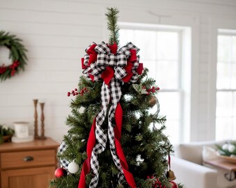 Farmhouse Christmas Tree Topper Bow: Red Velvet & Buffalo Check
