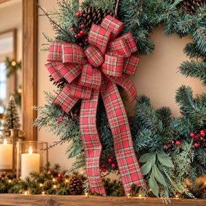 Red Plaid Christmas Bow, Tartan Wreath Bow, Christmas Wreath Bow, Red Green Plaid Bow, Holiday Door Bow, Tree Topper Bow