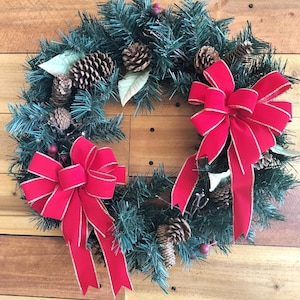 Set of 2 Small Red Velvet Gold Edge Christmas Bows, 6-Inch-wide Wired Outdoor Bows