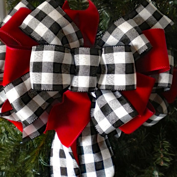 Deluxe 14" Berry Red Buffalo Check Tree Topper Bow, Red Velvet Wreath Bow, Farmhouse Christmas Wreath Bow, black white check bow