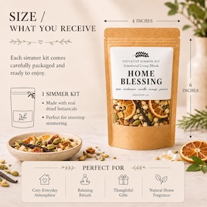 May include: A brown kraft paper pouch containing a stovetop simmer kit labeled Home Blessing with pear, cardamom, vanilla, orange, and jasmine. The pouch measures 4 inches wide by 6 inches high and contains dried botanicals visible through a clear window.
