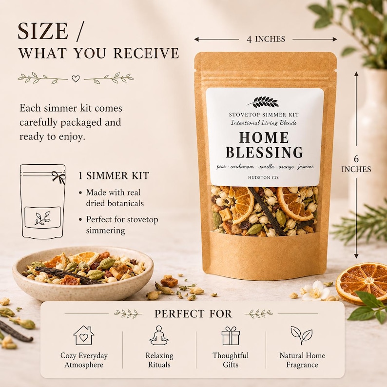 May include: A brown kraft paper pouch containing a stovetop simmer kit labeled Home Blessing with pear, cardamom, vanilla, orange, and jasmine. The pouch measures 4 inches wide by 6 inches high and contains dried botanicals visible through a clear window.