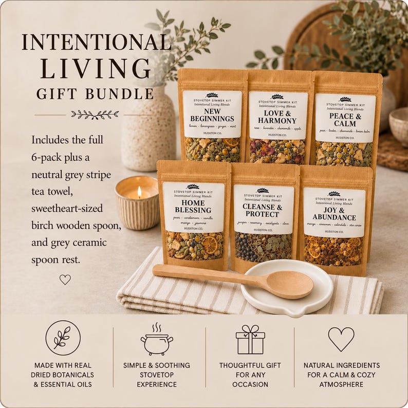May include: An Intentional Living Gift Bundle featuring six kraft paper pouches of stovetop simmer kits labeled New Beginnings, Love & Harmony, Peace & Calm, Home Blessing, Cleanse & Protect, and Joy & Abundance, with a wooden spoon and spoon rest.