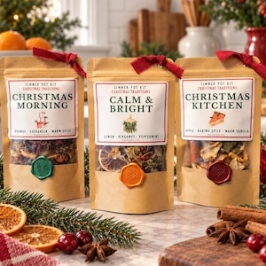 May include: Three brown paper pouches of simmer pot kits labeled Christmas Morning, Calm & Bright, and Christmas Kitchen. Each pouch features a red fabric ribbon tie, a wax seal, and a white label listing ingredients like orange, spice, and apple.