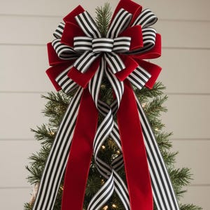 Black White Striped Christmas Tree Topper Bow, Scarlet Red Velvet Farmhouse Tree Bow, Large Wreath Bow Long Streamers, Holiday Ribbon Topper