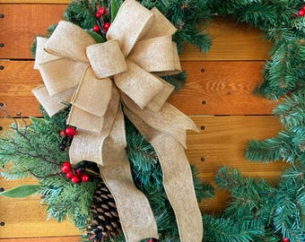 Handmade Burlap Wreath Bow, Coastal Beach House Door Decor, Rustic Summer Garland Accent
