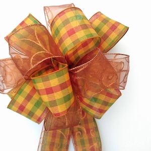 Harvest Plaid and Copper Swirls  Fall Wreath Bow Fluffy Fall Bow Copper and Yellow Wreath Bow Fall lantern bow Autumn decor bow