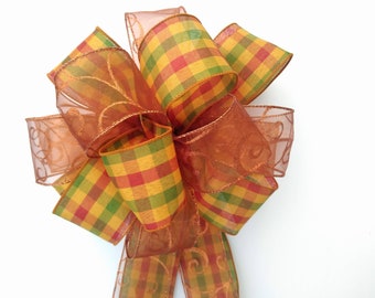 Harvest Plaid Fall Bow, Copper Swirls - Autumn Wreath Decor