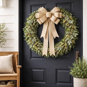 Large Rustic Burlap Wreath Bow, Farmhouse Neutral Door Decor