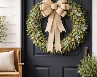 Large Rustic Burlap Wreath Bow, Farmhouse Neutral Door Decor