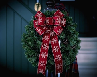 Dark Red Velvet Christmas Bow – Gold Snowflake Wreath Bow, Holiday Tree Topper, Indoor Outdoor Velvet Bow