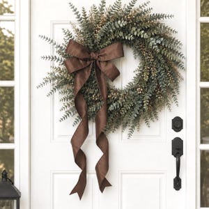 Brown Wreath Bow, Fall Wreath Bow, Premade Bow with Long Streamers, Farmhouse Fall Decor, Autumn Front Door Bow (BOW ONLY)
