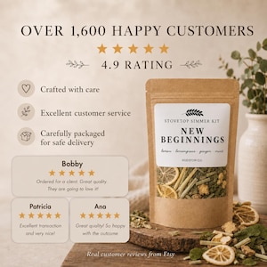May include: A brown kraft paper pouch labeled Stovetop Simmer Kit New Beginnings containing dried lemon, lemongrass, ginger, and mint. The label includes the text Hudston Co. and the pouch sits on a wooden base with loose dried ingredients.