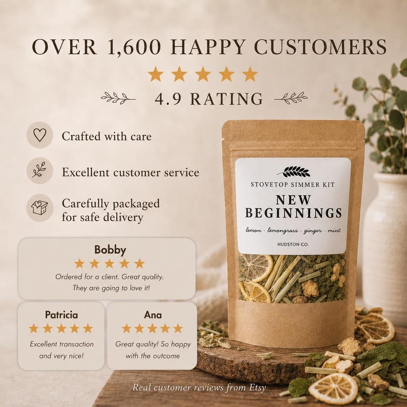 May include: A brown kraft paper pouch labeled Stovetop Simmer Kit New Beginnings containing dried lemon, lemongrass, ginger, and mint. The label includes the text Hudston Co. and the pouch sits on a wooden base with loose dried ingredients.