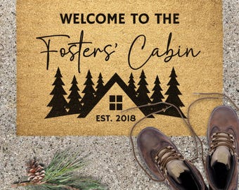 Personalized Cabin Doormat, Family Name Welcome Mat, Forest Mountain Home Entry Rug