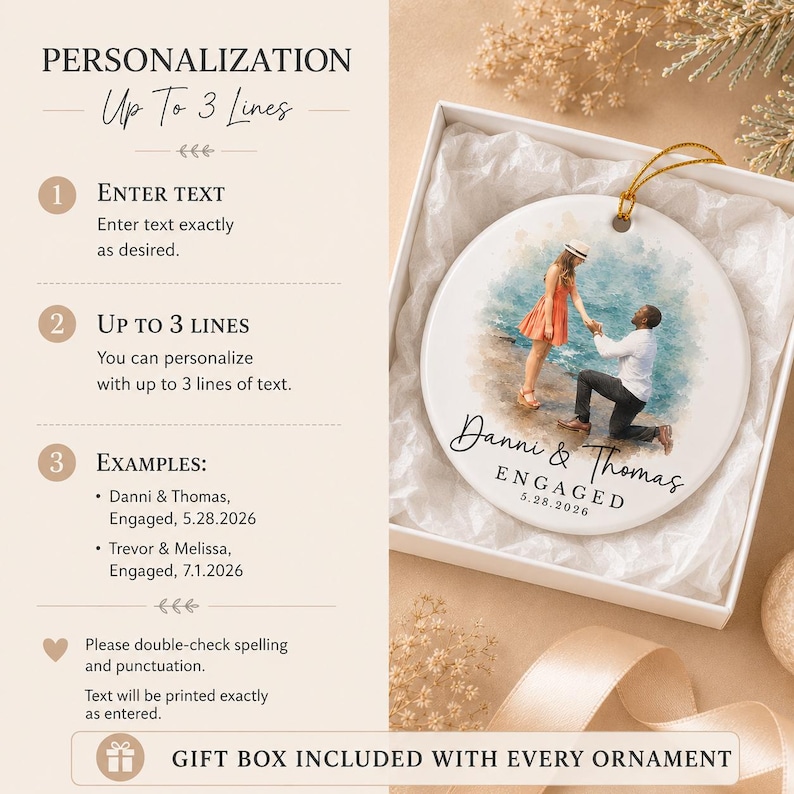 How to personalize your engagement ornament with names, date, short wording, and an uploaded couple photo.