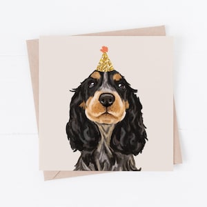 Cocker Spaniel Birthday Card: Black and Tan spaniel dog with Party Hat