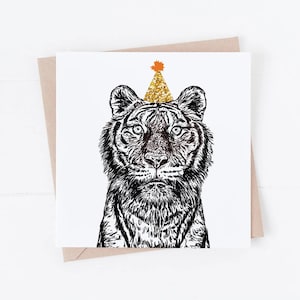 Cartão de aniversário divertido, cartão de amigo, cartão de tigre, cartão de aniversário, tigre de aniversário divertido, cartões de aniversário, tigre, tigre de festa, tigre divertido, arte de tigre