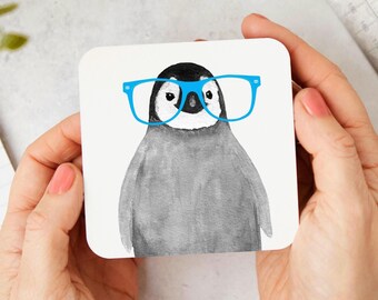 Penguin Coaster, hand-illustrated, baby penguin
