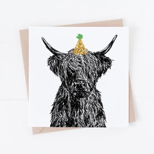Cartão de aniversário divertido, cartão de amigo, cartão de vaca das terras altas, cartão de aniversário, vaca de aniversário divertida, vaca das terras altas, vaca das terras altas de festa, cartões de vida selvagem