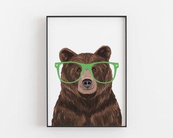 Bear Print, Brown Bear with Glasses, Animal Lover Gift