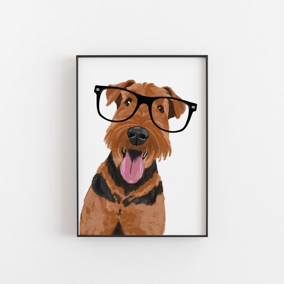 エアデール・テリアの犬の版画：眼鏡をかけた手描きアート - Etsy 日本