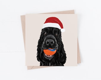 Black Cocker Spaniel Christmas Card: Hand-Painted Dog with Santa Hat