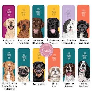 May include: A set of 10 bookmark designs featuring different dog breeds. Each bookmark has a colorful background and a cartoon illustration of a dog with the breed name below. The text "You Pawsed Here" is at the top of each bookmark.