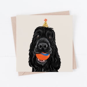Black Cocker Spaniel Birthday Card: Party Hat Dog card, dog gift, spaniel lover gift