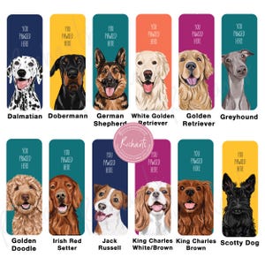 May include: Set of 10 colorful bookmarks featuring different dog breeds. Each bookmark has a dog illustration and the text "You Pawsed Here". The dog breeds include Dalmatian, Doberman, German Shepherd, White Golden Retriever, Golden Retriever, Greyhound, Golden Doodle, Irish Red Setter, Jack Russell, King Charles White/Brown, King Charles Brown, and Scotty Dog.