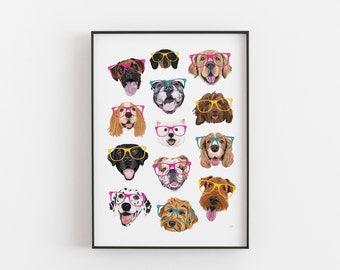 Dogs in Glasses Print: Fun Dog Lover Gift, Colorful Wall Art