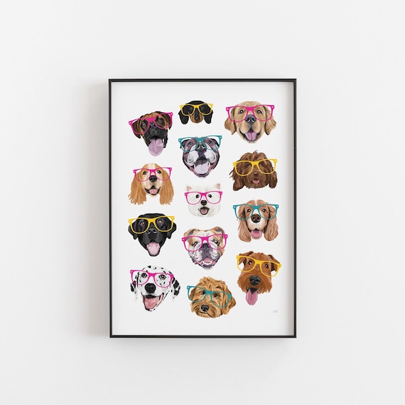 メガネをかけた犬のアクリル画 メガネをかけた犬のプリント：犬好きへの楽しいギフト、カラフルな