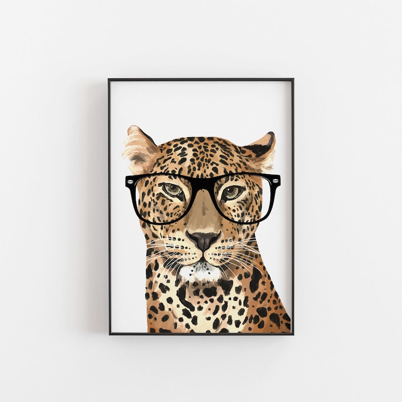 May include: A digital illustration of a leopard wearing black framed glasses. The leopard has a brown and black spotted coat. The background is white.