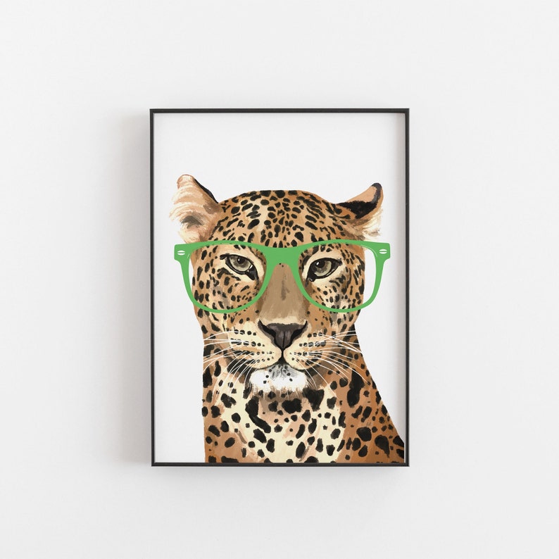 May include: A digital illustration of a leopard wearing green-framed glasses. The leopard has a spotted coat and a serious expression.