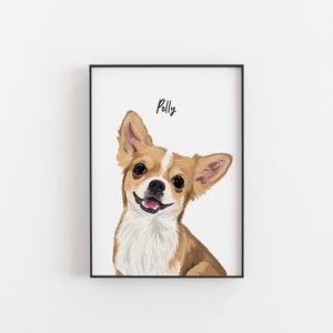 May include: A framed print of a smiling Chihuahua dog with tan and white fur. The dog's name, "Polly," is written above it in a handwritten font. The artwork is set against a white background.