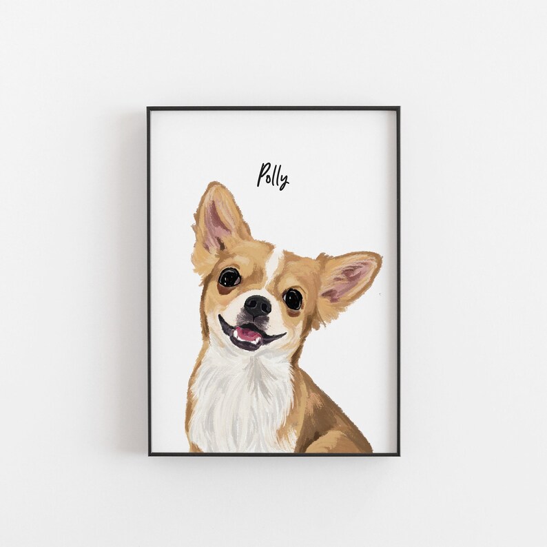 May include: A framed print of a smiling Chihuahua dog with tan and white fur. The dog's name, "Polly," is written above it in a handwritten font. The artwork is set against a white background.