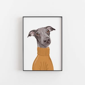 Greyhound Print, personalised greyhound, greyhound art, dog print, greyhound Christmas, greyhound gift, gifts for dog mum, dogs in jumpers