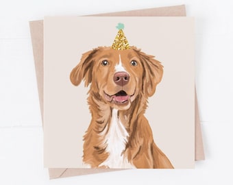 May include: A square greeting card featuring an illustration of a golden-brown dog with a white chest patch, wearing a small, glittery gold party hat with a light blue pom-pom on top, set against a solid light beige background.
