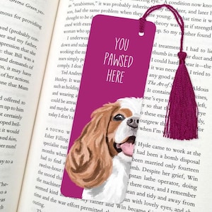 dog bookmark: hand-painted printed artwork, gifts for dog lovers, book accessories, King Cavalier (white