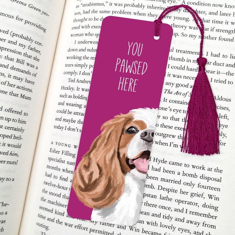 dog bookmark: hand-painted printed artwork, gifts for dog lovers, book accessories, King Cavalier (white