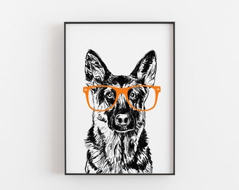 German Shepherd Print, Dog with Glasses Art, Personalised Gift