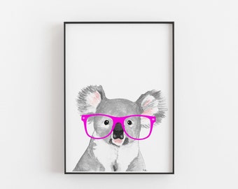 Watercolor Koala Print with Glasses, Nursery Wall Art