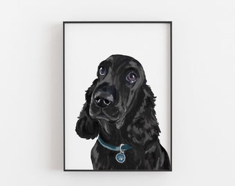 Black Cocker Spaniel Dog Print: Hand-Painted, A4