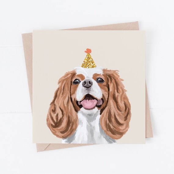 King Charles Cavalier Dog Birthday Card: Party Hat Spaniel