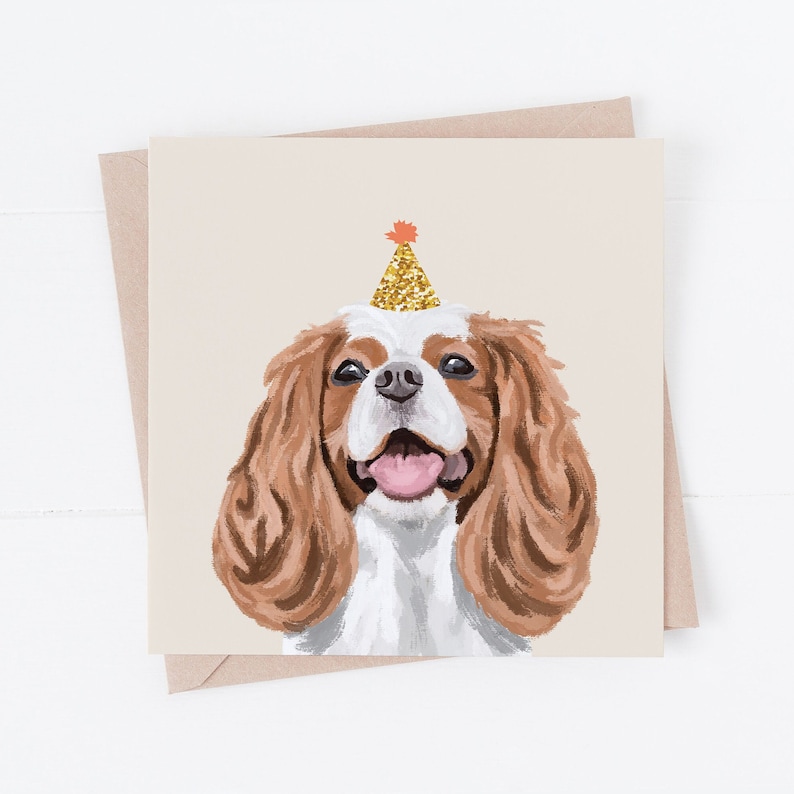 King Charles Cavalier Dog Birthday Card: Party Hat Spaniel image 1